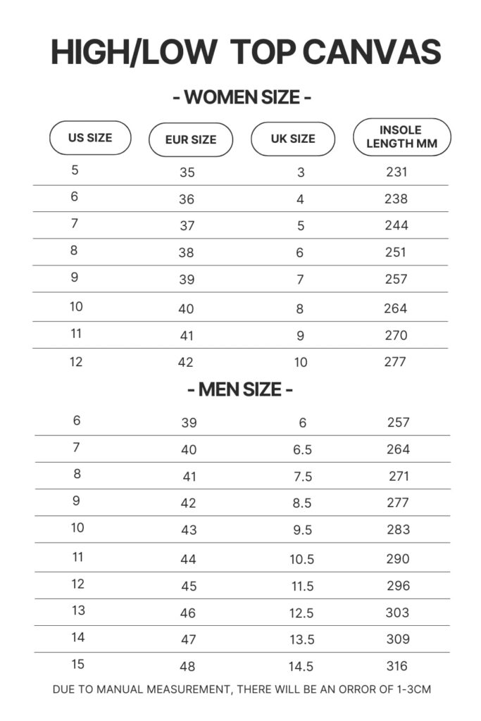 High Top Low Top Canvas Shoes Size Chart 1 9 - Rick And Morty Shop